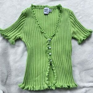 Princess Polly Green Ribbed Ruffled Blouse